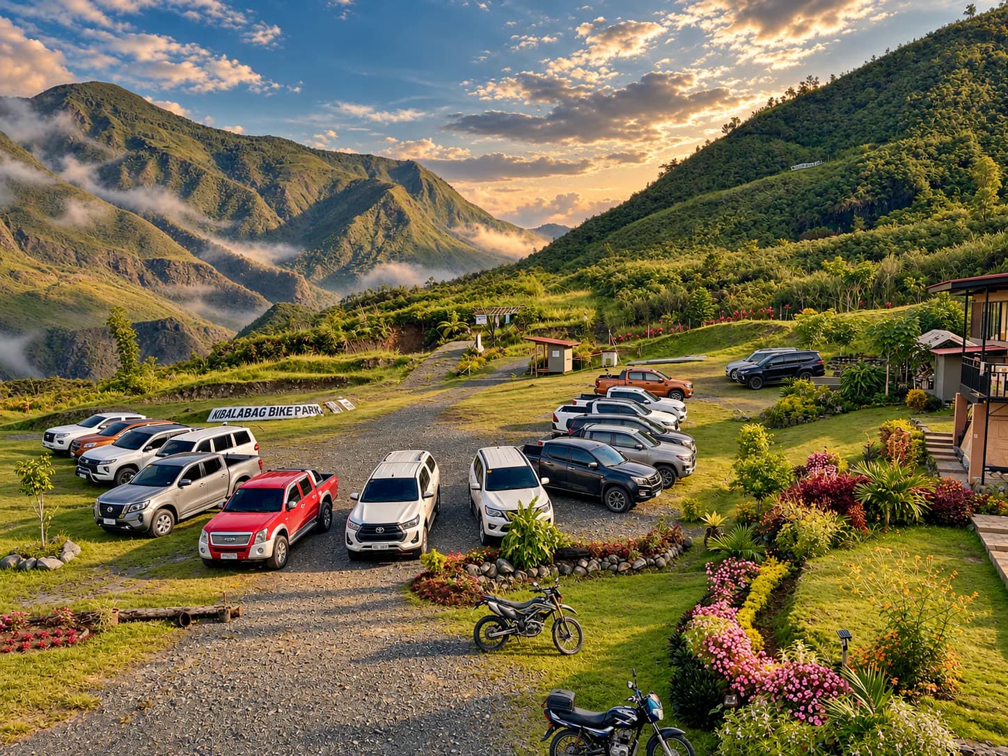 The Kibalabag Bike Park sign beside the parking area, with guests' pickups and SUVs on the gravel and the mountains behind