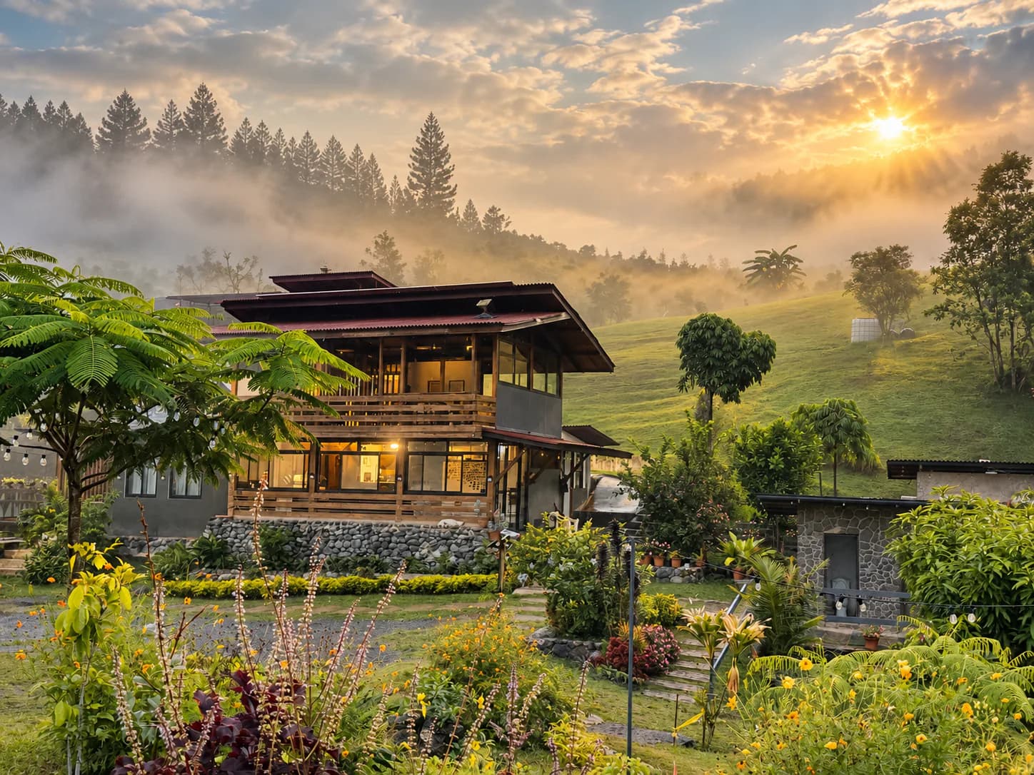 Mist lifting off the pine slope at sunrise, with warm lit windows and a flower garden in the foreground