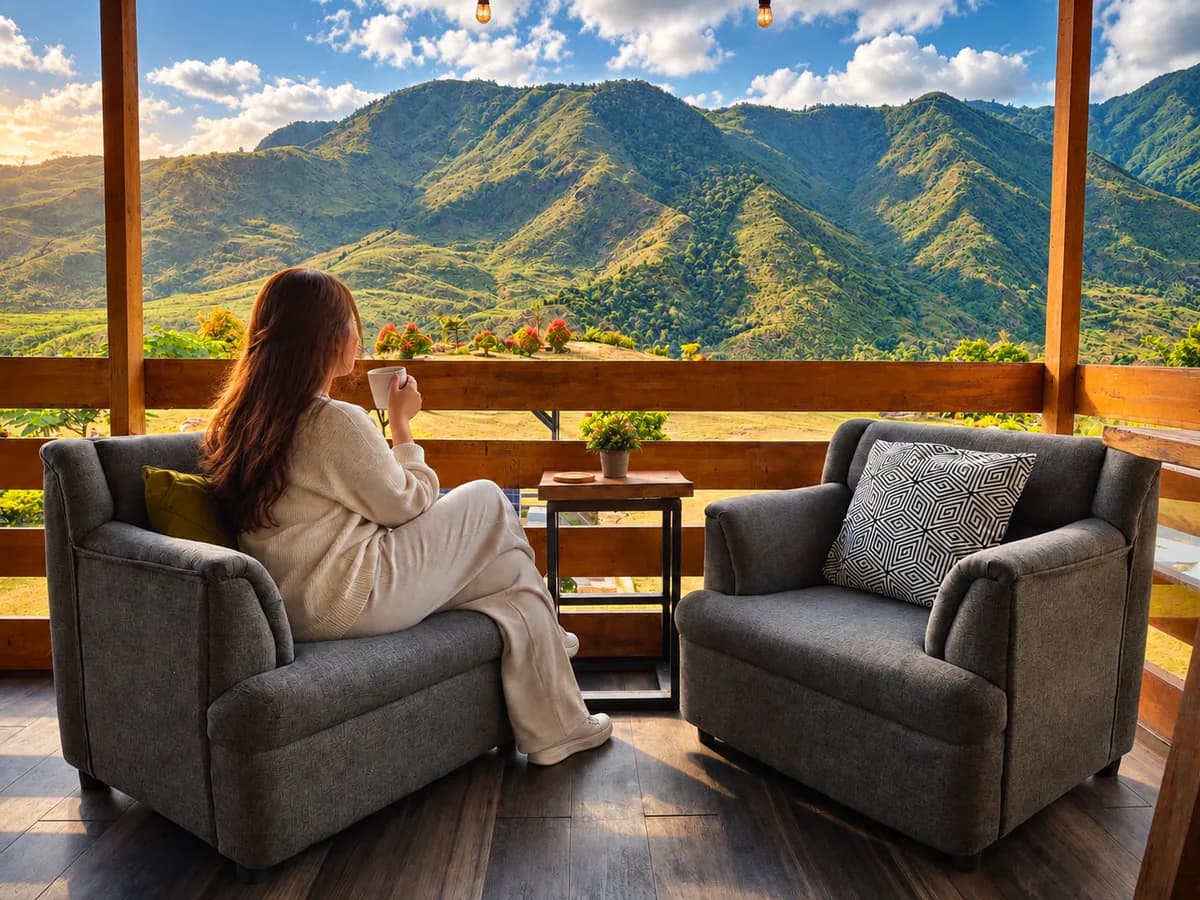 A guest with a warm drink in an armchair on the covered deck, looking out at the mountains