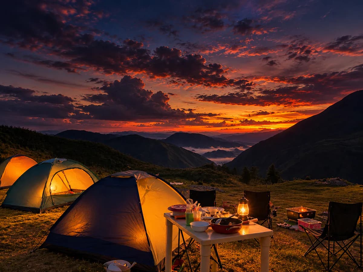 Two tents lit up on the ridge at dusk, with a table set for dinner beside them