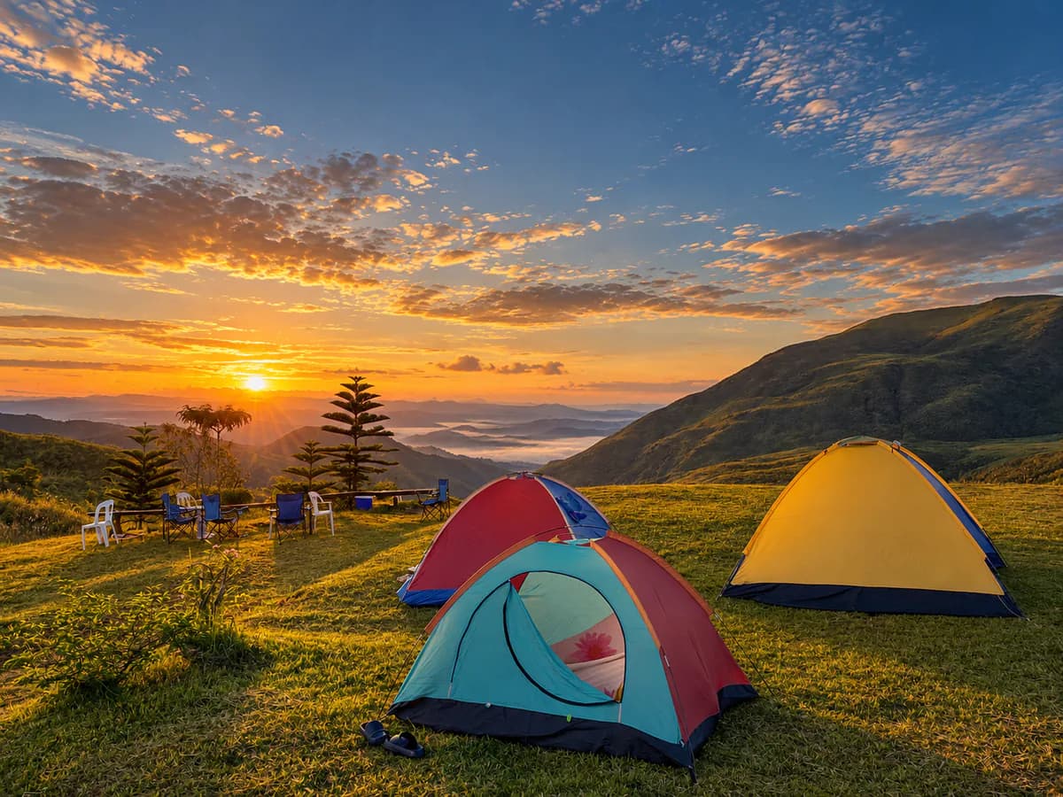 Sunrise behind the mountain, with cloud in the valley and tents on the grass below